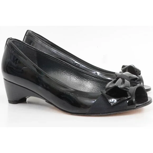 Stuart Weitzman Spain Lovebow Women's 8 Black Patent Bow Peep Toe Wedge Pump - Picture 2 of 9